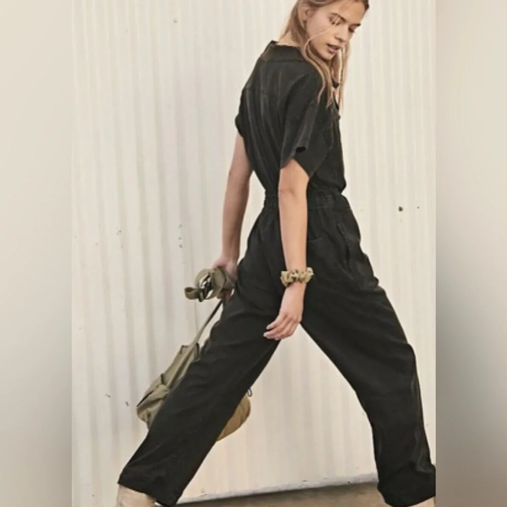 Free People FP Movement *Kali* black distressed snap front utility jumpsuit S